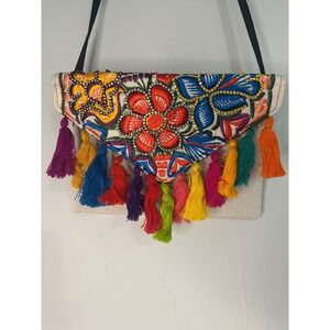 Embroidered Floral Crossbody Bag Colorful Tassels Bohemian Purse Small